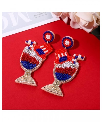 American Flag Earrings Beaded 4th of July Earrings Red White Blue Cocktail Wine Glass Dangle Earrings for Women Patriotic Sta...