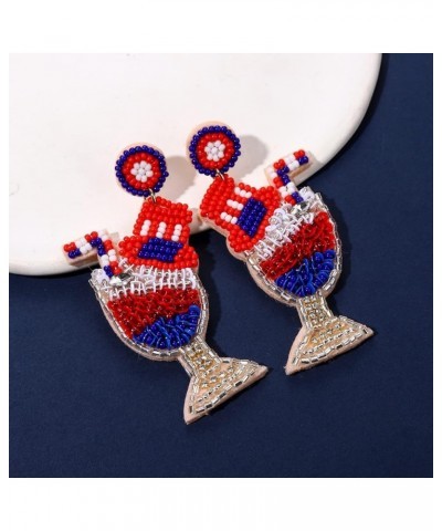 American Flag Earrings Beaded 4th of July Earrings Red White Blue Cocktail Wine Glass Dangle Earrings for Women Patriotic Sta...