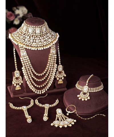 Indian Heavy Bridal Jewelry Set Long Choker Necklace Earrings Maang Tikka Nath Paasa Hath Phool Traditional Faux Kundan Beads...