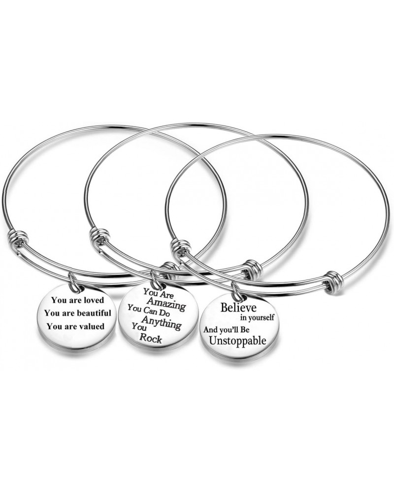 3PCS Stainless Steel Inspirational Charm Bracelets Jewelry Set Engraved Message Motivational Expendable Bangles for Women Gir...