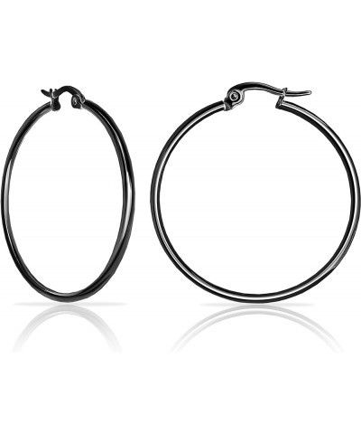 925 Sterling Silver Black Rhodium Flashed 2mm High Polished Round Click-Top Hoop Earrings for Women, Teen Girls 15mm-45mm 35m...