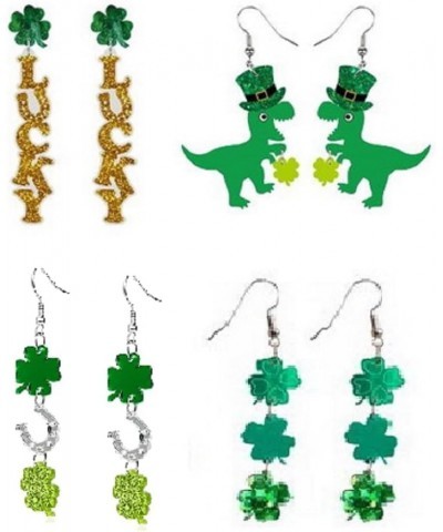 4 Pairs St. Patrick's Day Earrings Set Glitter Green Lucky Clover Acrylic Dangle Earrings Handmade Irish Shamrock Rainbow Cat...