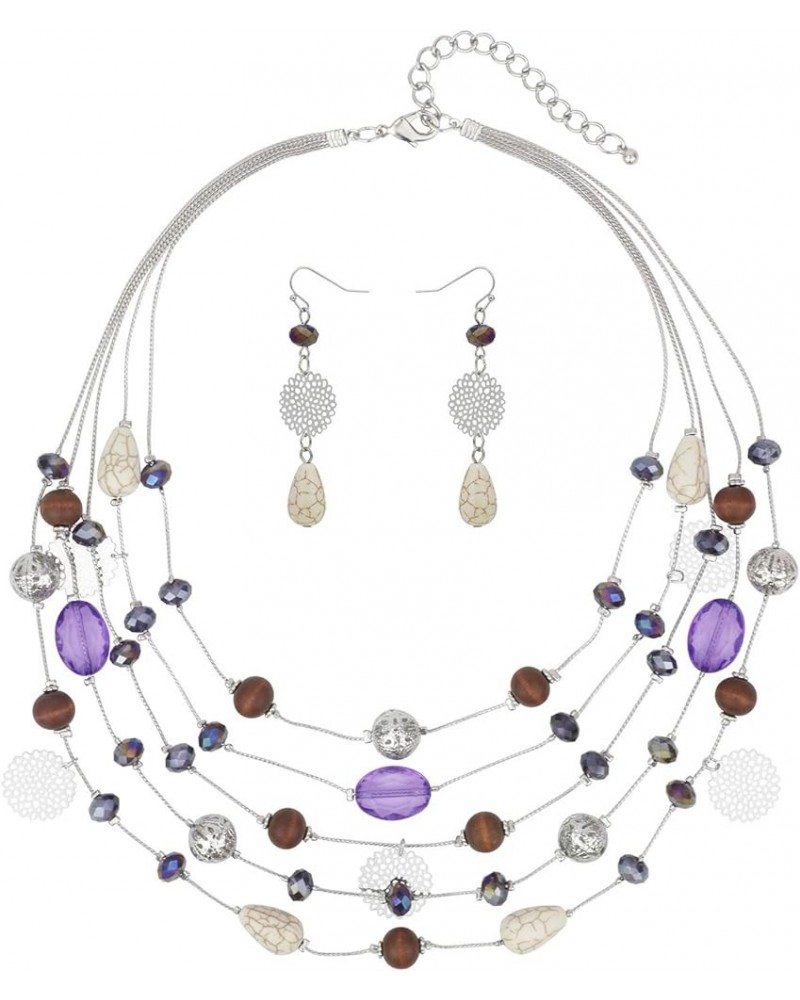 5Layer Multi Color Beaded Illusion Wire Collar Statement Necklace with Earrings for Women N0026-Purple+White $11.39 Jewelry Sets