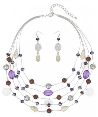 5Layer Multi Color Beaded Illusion Wire Collar Statement Necklace with Earrings for Women N0026-Purple+White $11.39 Jewelry Sets