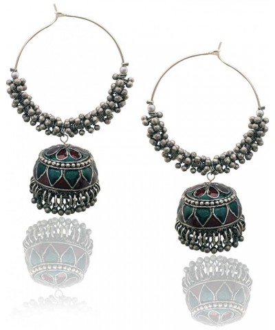 Oxidized Hoops With Meenakari jhumkas For Women Green $10.00 Earrings