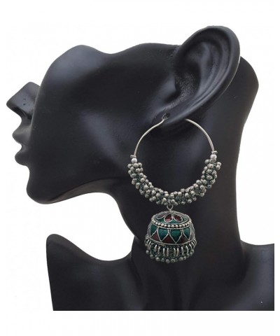 Oxidized Hoops With Meenakari jhumkas For Women Green $10.00 Earrings