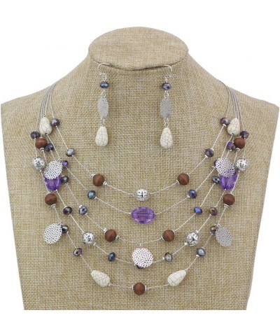 5Layer Multi Color Beaded Illusion Wire Collar Statement Necklace with Earrings for Women N0026-Purple+White $11.39 Jewelry Sets