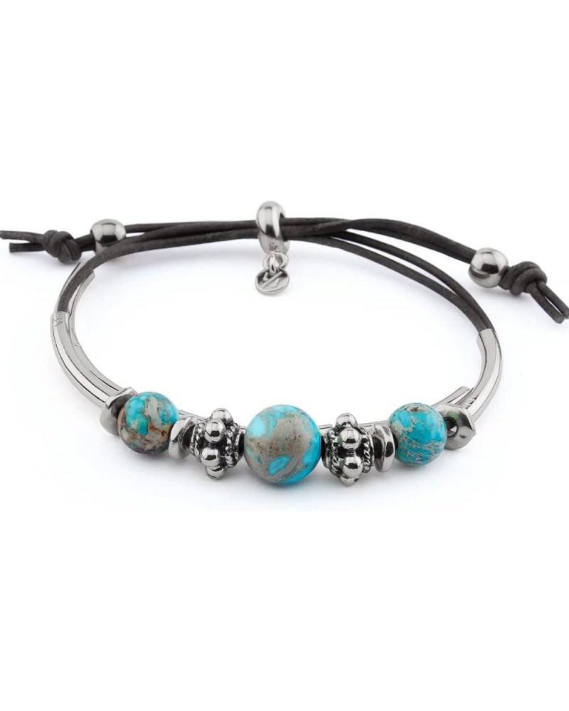 Basil Adjustable Double Natural Black Leather Strand & Silver Bracelet with Semi Precious Turquoise Beads for Women $36.52 Br...