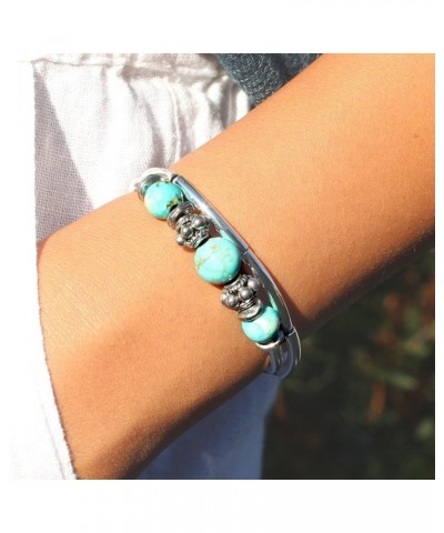 Basil Adjustable Double Natural Black Leather Strand & Silver Bracelet with Semi Precious Turquoise Beads for Women $36.52 Br...