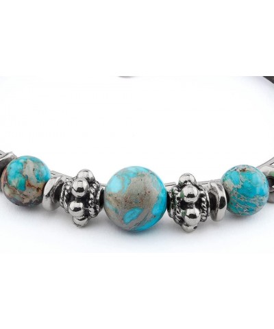 Basil Adjustable Double Natural Black Leather Strand & Silver Bracelet with Semi Precious Turquoise Beads for Women $36.52 Br...