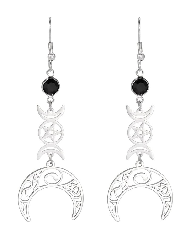 Stainless Steel Crescent Goddess Black Birthstone Witches Knot Earrings Triple Moon Wicca Pentagram Gothic Celtic Knot Drop E...