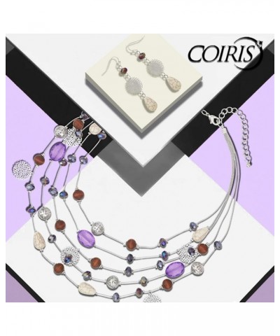 5Layer Multi Color Beaded Illusion Wire Collar Statement Necklace with Earrings for Women N0026-Purple+White $11.39 Jewelry Sets