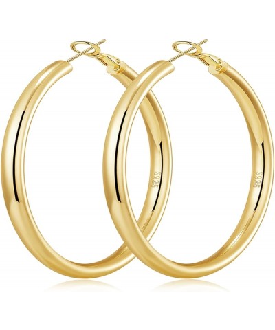 4MM 925 Sterling Silver Hoops Earrings, Lightweight Hollow Tube Chunky Gold Hoops for Women 14k Gold Plated Thick Hoop Earrin...