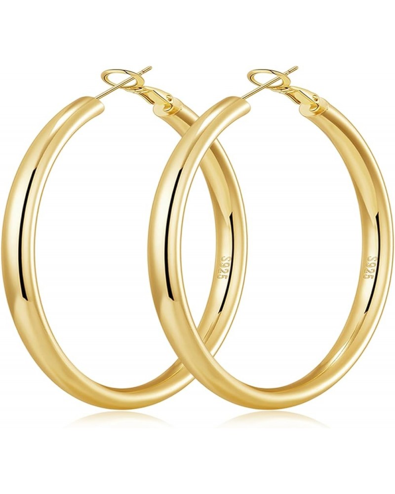 4MM 925 Sterling Silver Hoops Earrings, Lightweight Hollow Tube Chunky Gold Hoops for Women 14k Gold Plated Thick Hoop Earrin...