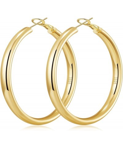 4MM 925 Sterling Silver Hoops Earrings, Lightweight Hollow Tube Chunky Gold Hoops for Women 14k Gold Plated Thick Hoop Earrin...