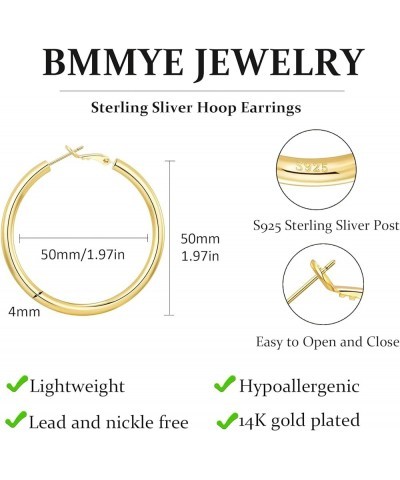 4MM 925 Sterling Silver Hoops Earrings, Lightweight Hollow Tube Chunky Gold Hoops for Women 14k Gold Plated Thick Hoop Earrin...