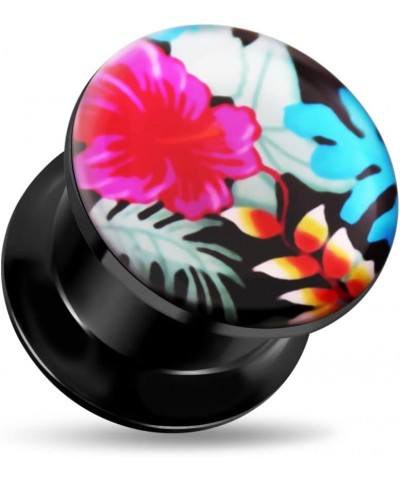 Attractive Hibiscus with leaves Logo Internally Threaded Black Acrylic Double Flared Tunnel Ear Plugs - Sold by Piece 16.0 Mi...