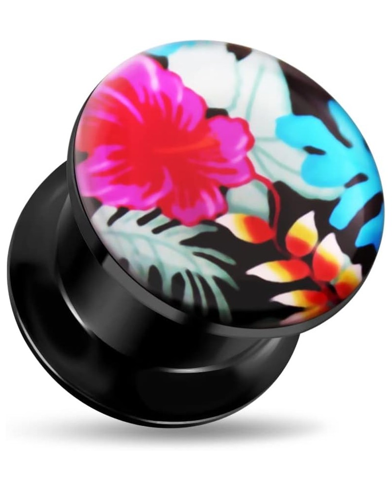 Attractive Hibiscus with leaves Logo Internally Threaded Black Acrylic Double Flared Tunnel Ear Plugs - Sold by Piece 16.0 Mi...