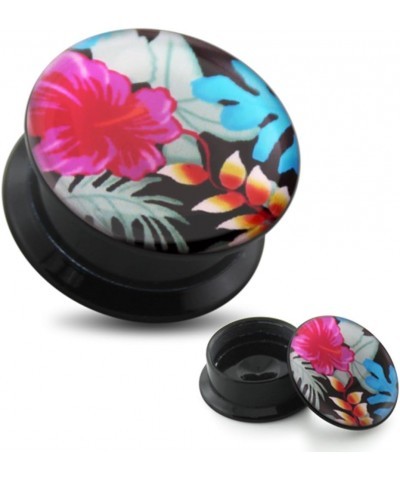 Attractive Hibiscus with leaves Logo Internally Threaded Black Acrylic Double Flared Tunnel Ear Plugs - Sold by Piece 16.0 Mi...