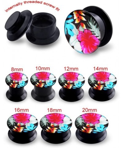 Attractive Hibiscus with leaves Logo Internally Threaded Black Acrylic Double Flared Tunnel Ear Plugs - Sold by Piece 16.0 Mi...