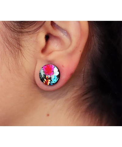 Attractive Hibiscus with leaves Logo Internally Threaded Black Acrylic Double Flared Tunnel Ear Plugs - Sold by Piece 16.0 Mi...