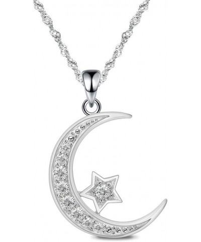 Sterling Silver Crescent Moon Star Necklace Cubic Zirconia Little Girl Jewelry for Teen Girls & Women Ladies Dainty 18" Chain...