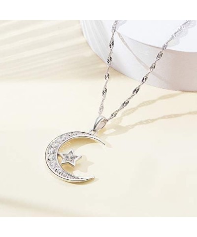 Sterling Silver Crescent Moon Star Necklace Cubic Zirconia Little Girl Jewelry for Teen Girls & Women Ladies Dainty 18" Chain...