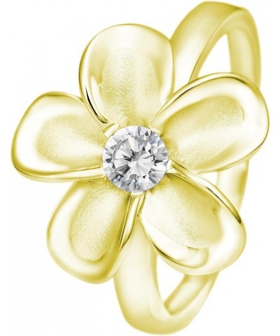 925 Sterling Silver 15mm Hawaiian Plumeria Flower Ring with Cubic Zirconia, 14K Gold Plated, Nickel Free Hypoallergenic for S...