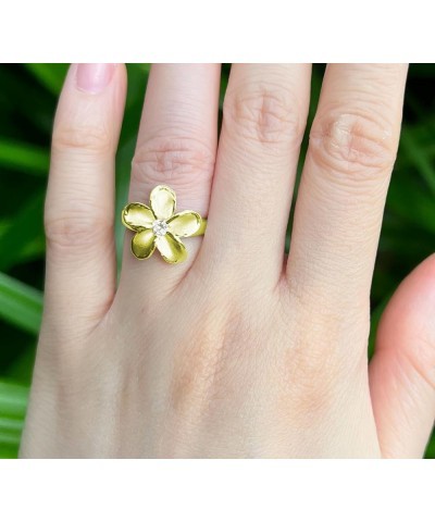 925 Sterling Silver 15mm Hawaiian Plumeria Flower Ring with Cubic Zirconia, 14K Gold Plated, Nickel Free Hypoallergenic for S...