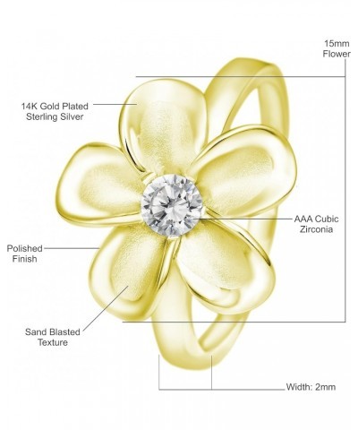 925 Sterling Silver 15mm Hawaiian Plumeria Flower Ring with Cubic Zirconia, 14K Gold Plated, Nickel Free Hypoallergenic for S...