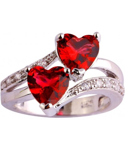 Silver Plated 7x7mm Double Heart Cut Created Ruby Spinel Cubic Zirconia Filled Halo Wedding Engagement Band Elegant Women's R...