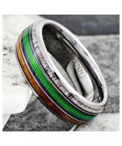 Awesome 8mm Mirror Polished Silver Tungsten Carbide Low Dome Band Ring with Gorgeous Green Fishing Line Between Whiskey Barre...