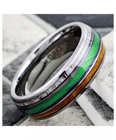 Awesome 8mm Mirror Polished Silver Tungsten Carbide Low Dome Band Ring with Gorgeous Green Fishing Line Between Whiskey Barre...