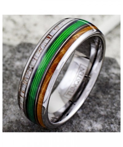 Awesome 8mm Mirror Polished Silver Tungsten Carbide Low Dome Band Ring with Gorgeous Green Fishing Line Between Whiskey Barre...