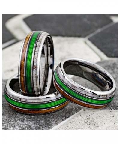 Awesome 8mm Mirror Polished Silver Tungsten Carbide Low Dome Band Ring with Gorgeous Green Fishing Line Between Whiskey Barre...