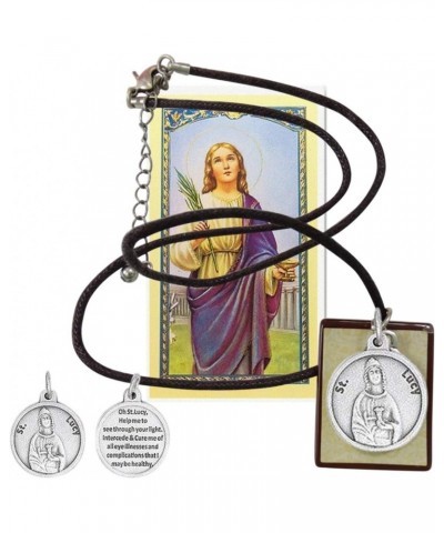 Saint Lucy Patron of Those with Eye Problems Adjustable Brown Mariners Cord Necklace with Square Pendant and Silver Plated Me...