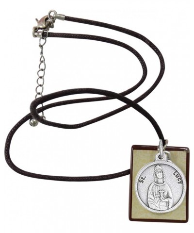 Saint Lucy Patron of Those with Eye Problems Adjustable Brown Mariners Cord Necklace with Square Pendant and Silver Plated Me...