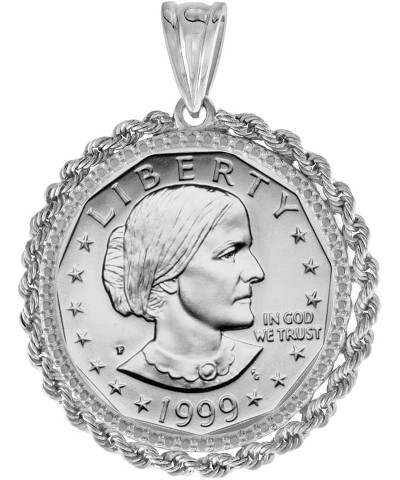 Sterling Silver Rope Edge Susan B. Anthony Bezel Sacagawea 26mm Coins Prong Back 1 Dollar Coin Not Included Diamond Texture R...