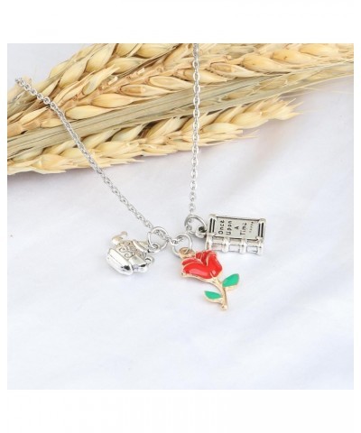 Beauty Beast Movies Gifts Mirror and Rose Charm Necklace Princess Belle Fans Jewelry Beauty Fairy Story Gift TeapotRoseNeckla...