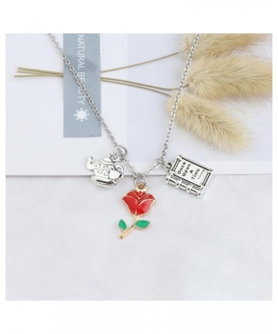 Beauty Beast Movies Gifts Mirror and Rose Charm Necklace Princess Belle Fans Jewelry Beauty Fairy Story Gift TeapotRoseNeckla...