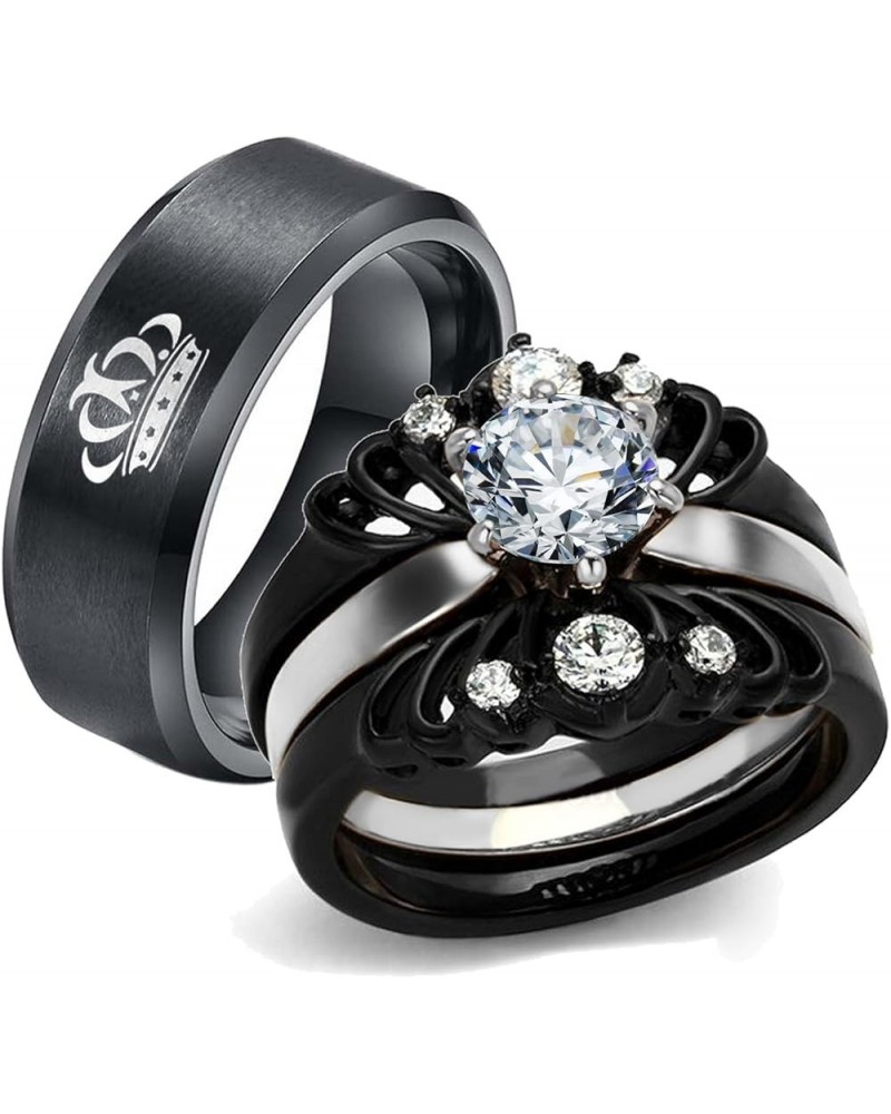 Couple Rings Black Matching Rings Crown Ring Women Wedding Ring Sets for Him and Her Black women size7 & men size11 $17.84 Br...