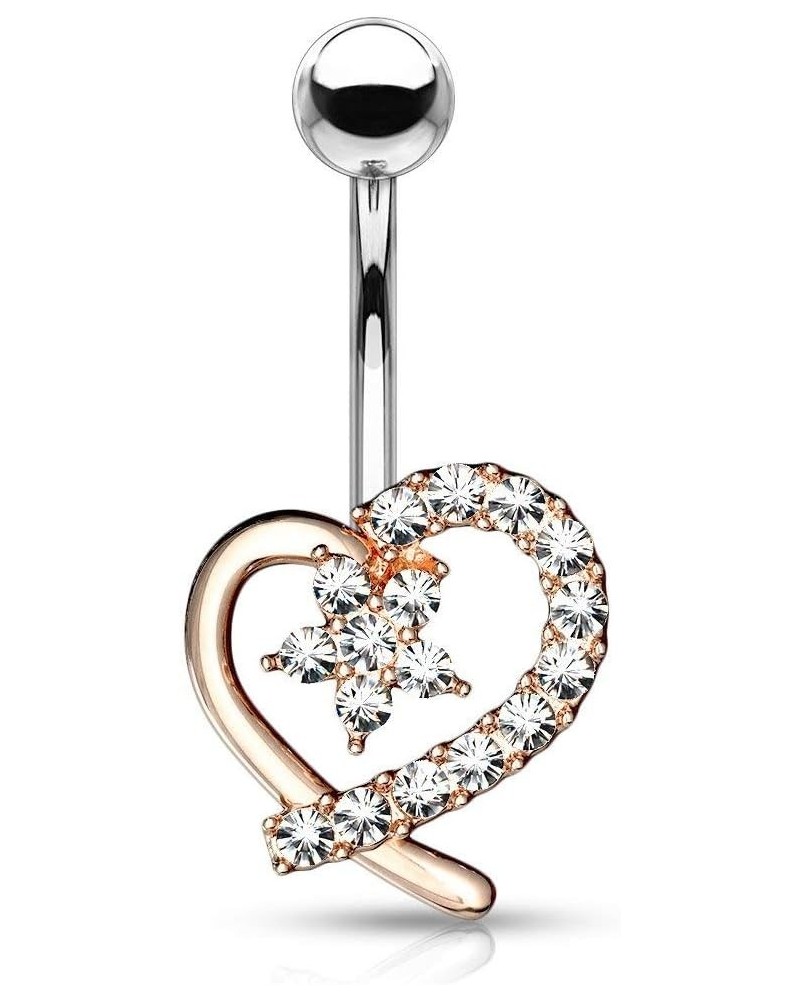 Surgical Steel Pave CZ Hollow Heart Belly Button Ring with CZ Flower Center Rose Gold Tone $8.83 Body Jewelry