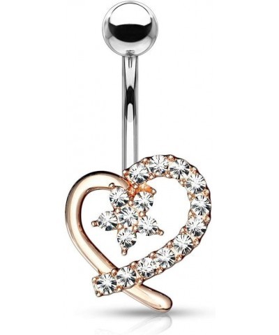 Surgical Steel Pave CZ Hollow Heart Belly Button Ring with CZ Flower Center Rose Gold Tone $8.83 Body Jewelry