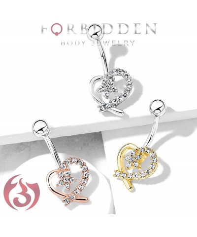 Surgical Steel Pave CZ Hollow Heart Belly Button Ring with CZ Flower Center Rose Gold Tone $8.83 Body Jewelry