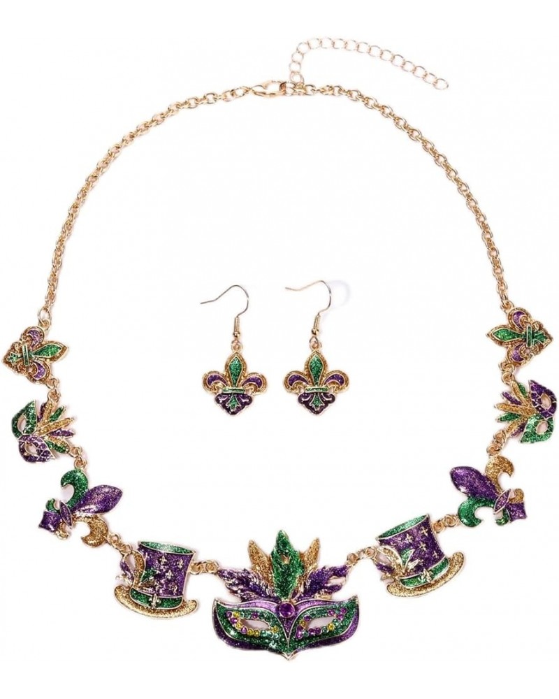 Mardi Gras Necklace Earrings Set for Women, Glitter Fleur De Lis Necklace Carnival Choker Collar Necklaces Jester Hat Dangle ...