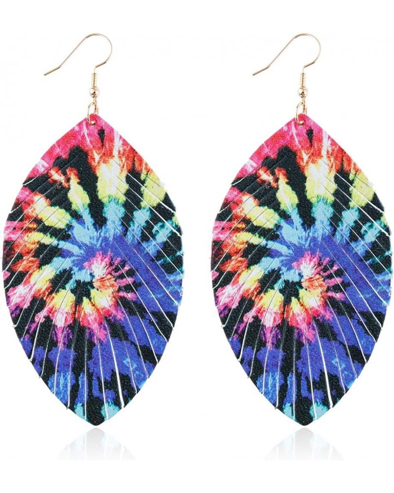 Lightweight Fun Print Genuine Leather Geometric Drop Earrings - Bohemian Hook Dangles Feather, Petal Leaf, Tie Dye Teardrop, ...