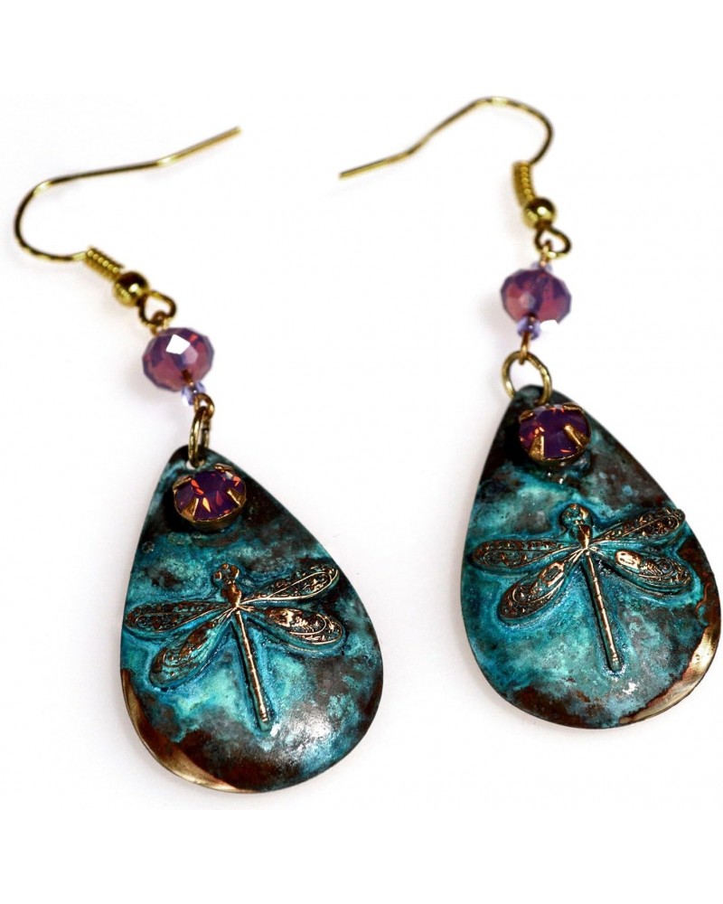 Elaine Coyne Patina Wearable Art Dragonfly Teardrop Dangle Earrings - Violette Opal Authentic Crystals $44.29 Earrings