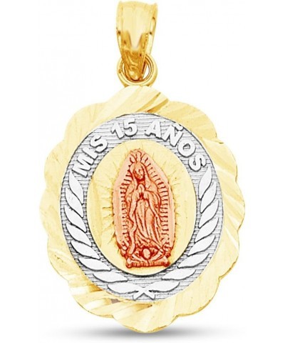 14K Tri 3 Color Gold Diamond-Cut Sweet 15 Quincea_era Mis 15 Anos Our Lady of Guadalupe Virgin Mary Charm Pendant (20x16 mm) ...