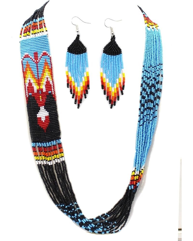 Handmade Necklace Earrings Set Layered Seed Beaded Blue Eagle $13.80 Jewelry Sets