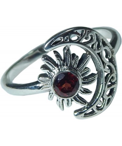 Crescent Moon And Sun Garnet Round Faceted Gemstone 925 Sterling Silver Garnet Ring Jewelry for Good Luck Promise Ring Vintag...